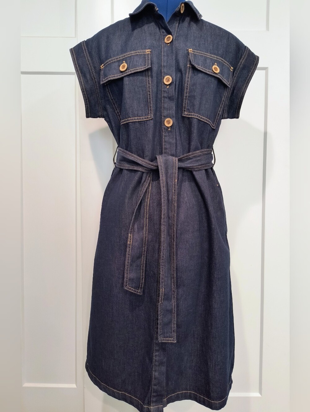 Kut from the Kloth Dark Blue Denim Shirt Dress with Self-Tie Belt